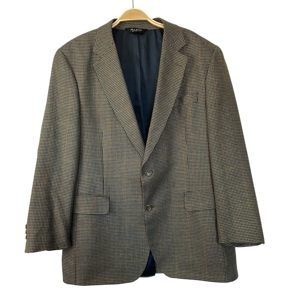 Jos. A. Bank Houndstooth Sport Coat Blazer Jacket Men 42R Green Tan Silk Wool